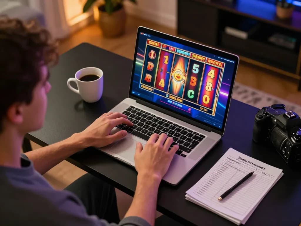 Engaging online slot gameplay experience with colorful reels on laptop screen.