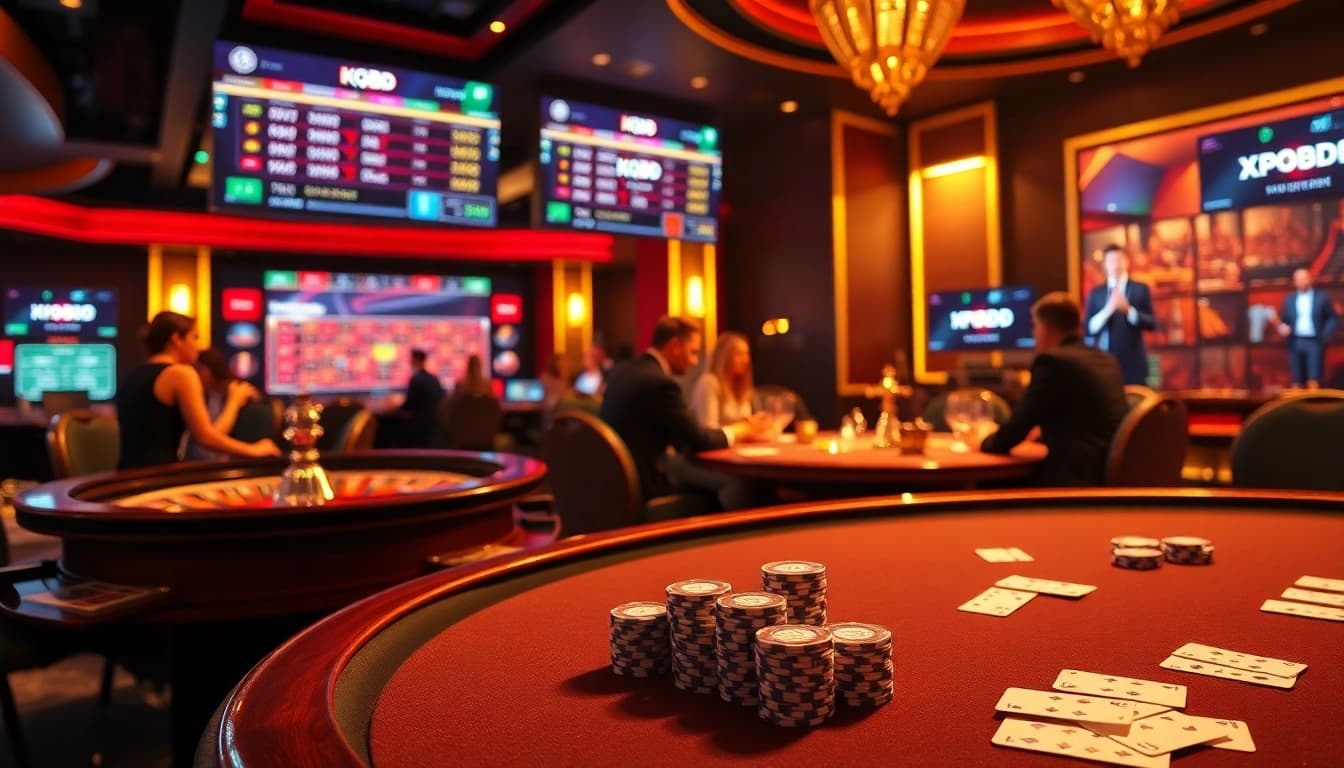 Experience the thrill of kqbd with an elegant casino scene featuring poker tables and roulette wheels.