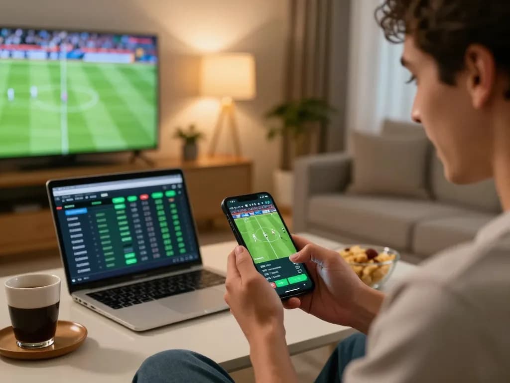 Person engaging in sports betting on Keonhacai5 app while watching a live football match at home.