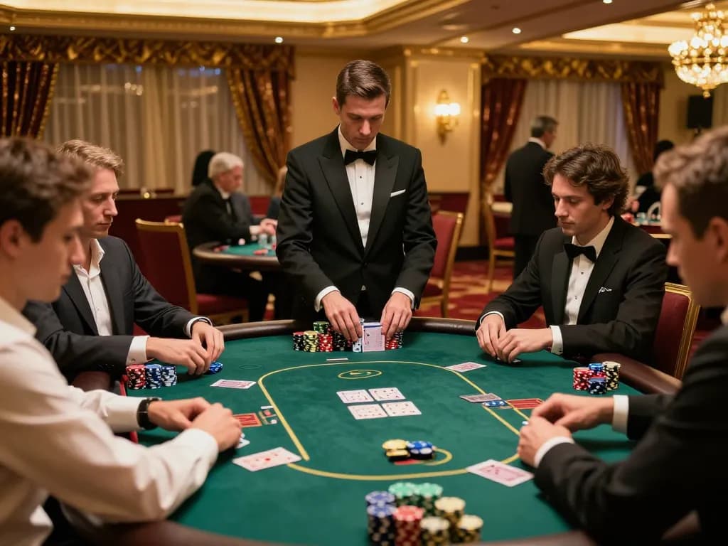 Players engaging in high-stakes poker at 100VIP's luxurious casino with elegant decor