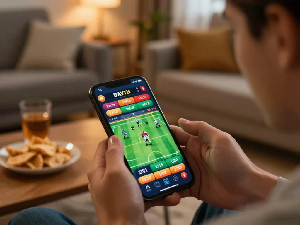Player enjoying tg88 online sports betting on smartphone in cozy living room setting.