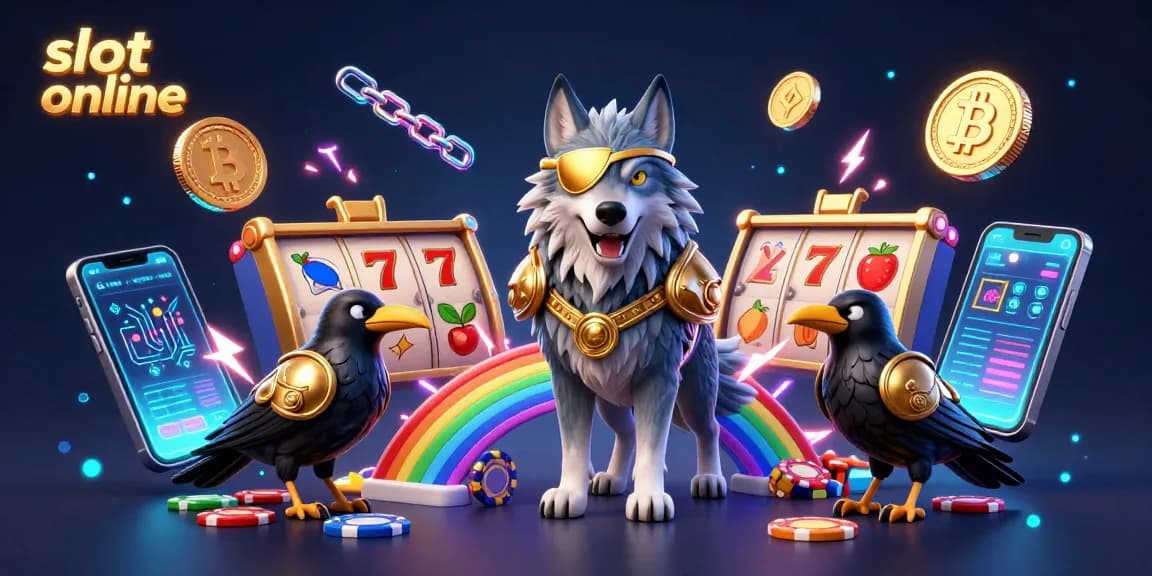 Engage with slot online excitement through this 3D illustration of a legendary wolf and ravens amidst vibrant casino visuals.