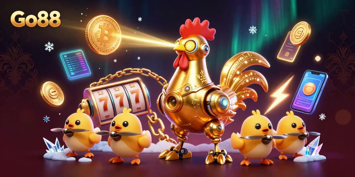 Experience the excitement of Go88 with a vibrant 3D illustration featuring a golden rooster robot and crypto-themed elements.