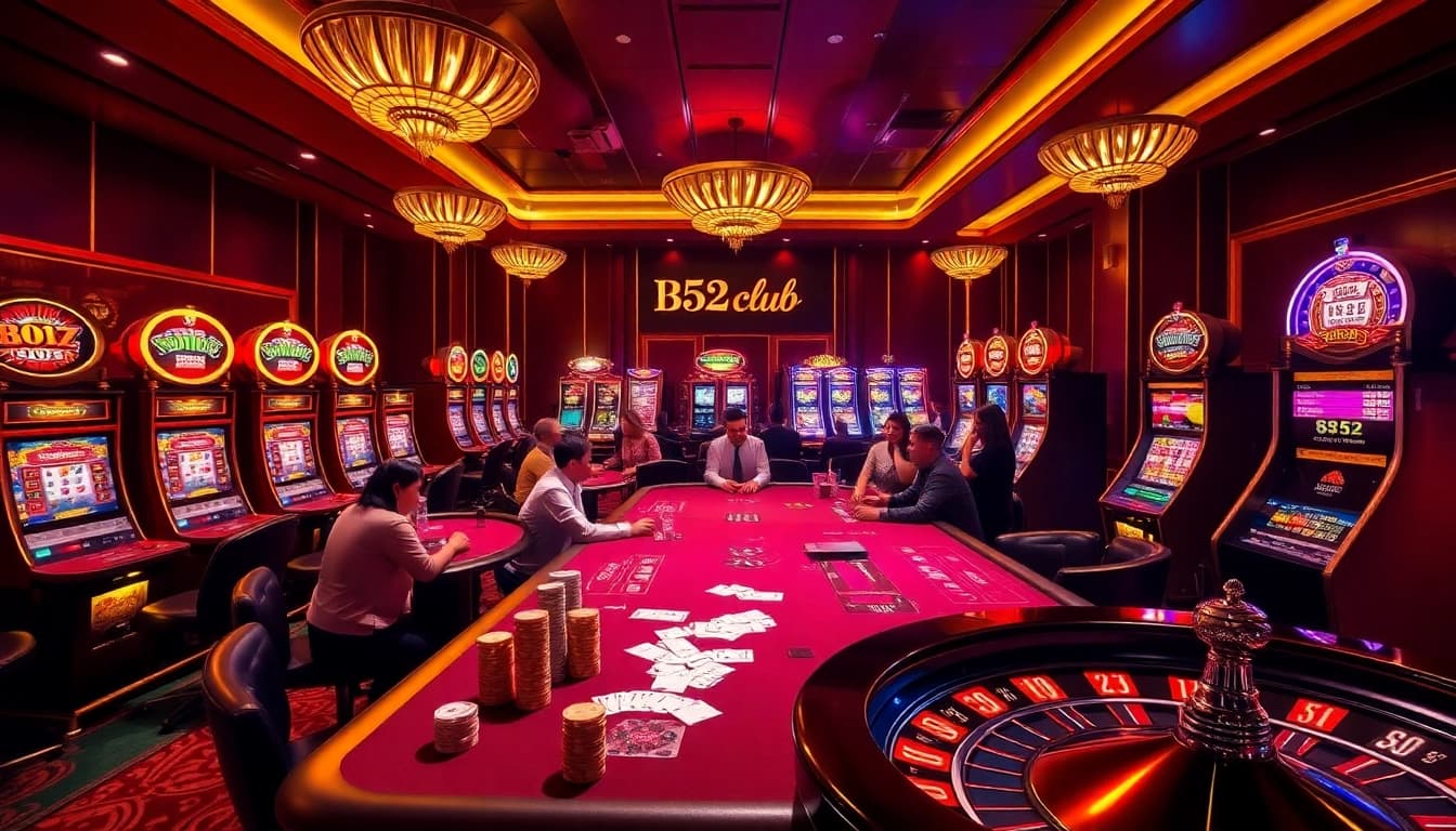B52 Club players winning at a luxurious casino table with poker and blackjack games.