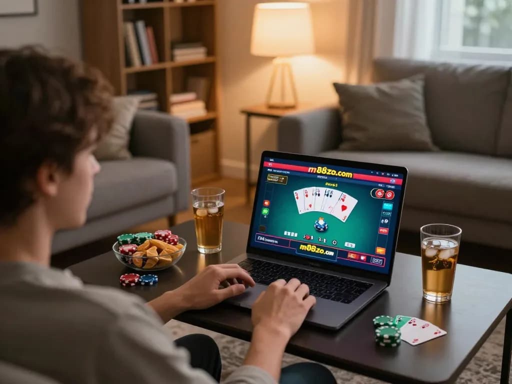 Person enjoying online gaming at m88zo.com, engaging in strategic poker gameplay in a cozy home setting.