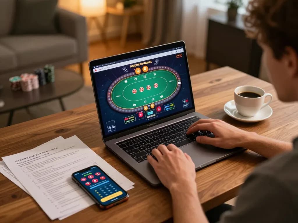 Người chơi LUCK8 tham gia vào trò chơi trực tuyến, thể hiện giao diện poker đầy màu sắc và ghi chú chiến lược trong không gian ấm cúng tại nhà.