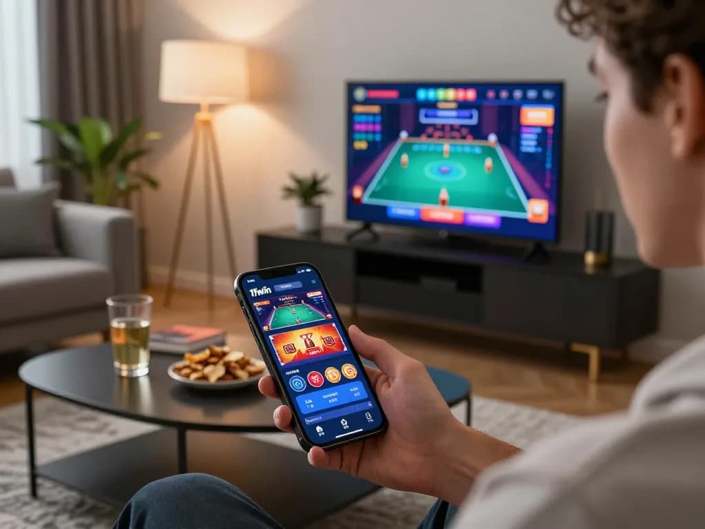 Using the 11win app on a smartphone in a stylish home setup for mobile gaming.