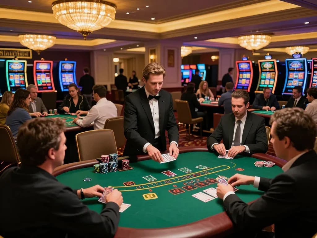 pemain mpi2121 merencanakan strategi dalam lingkungan kasino blackjack yang dinamis, menunjukkan suasana yang hidup dan permainan yang fokus.