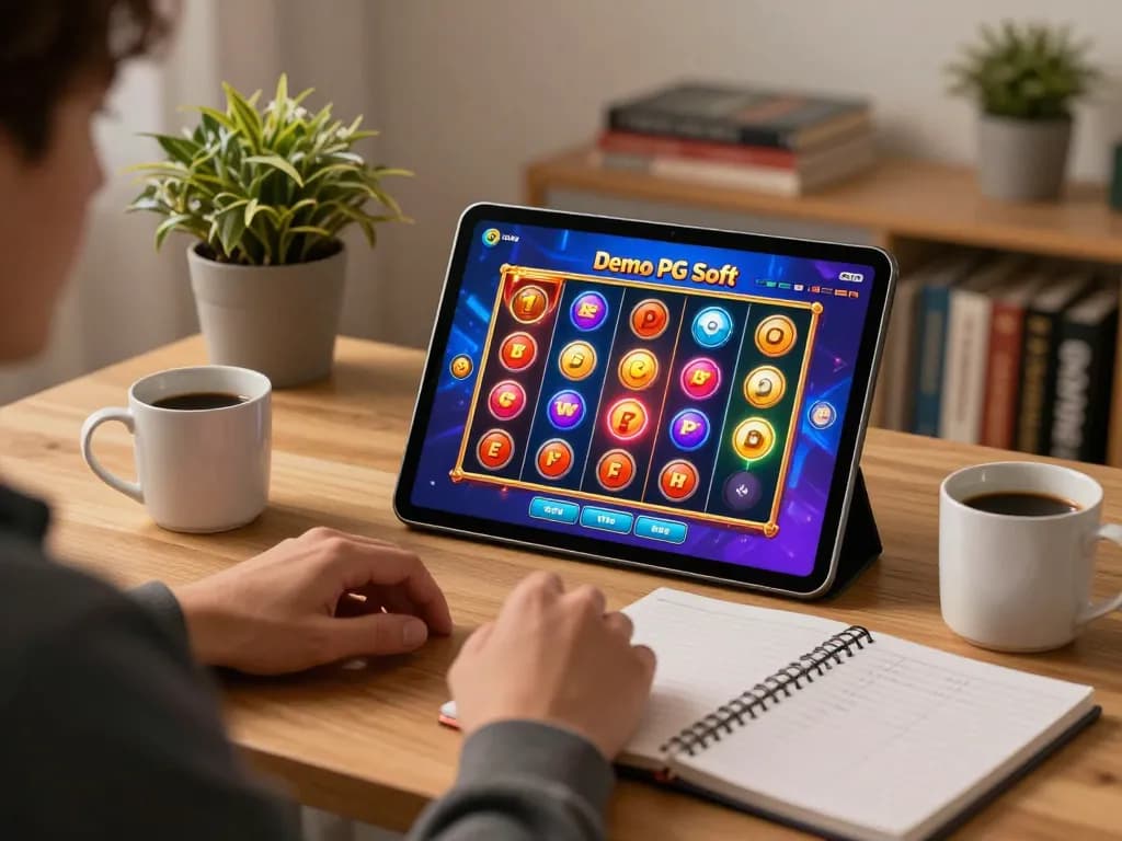Berinteraksi dengan slot Demo PG Soft di tablet, menampilkan pengalaman bermain game online yang berwarna-warni.