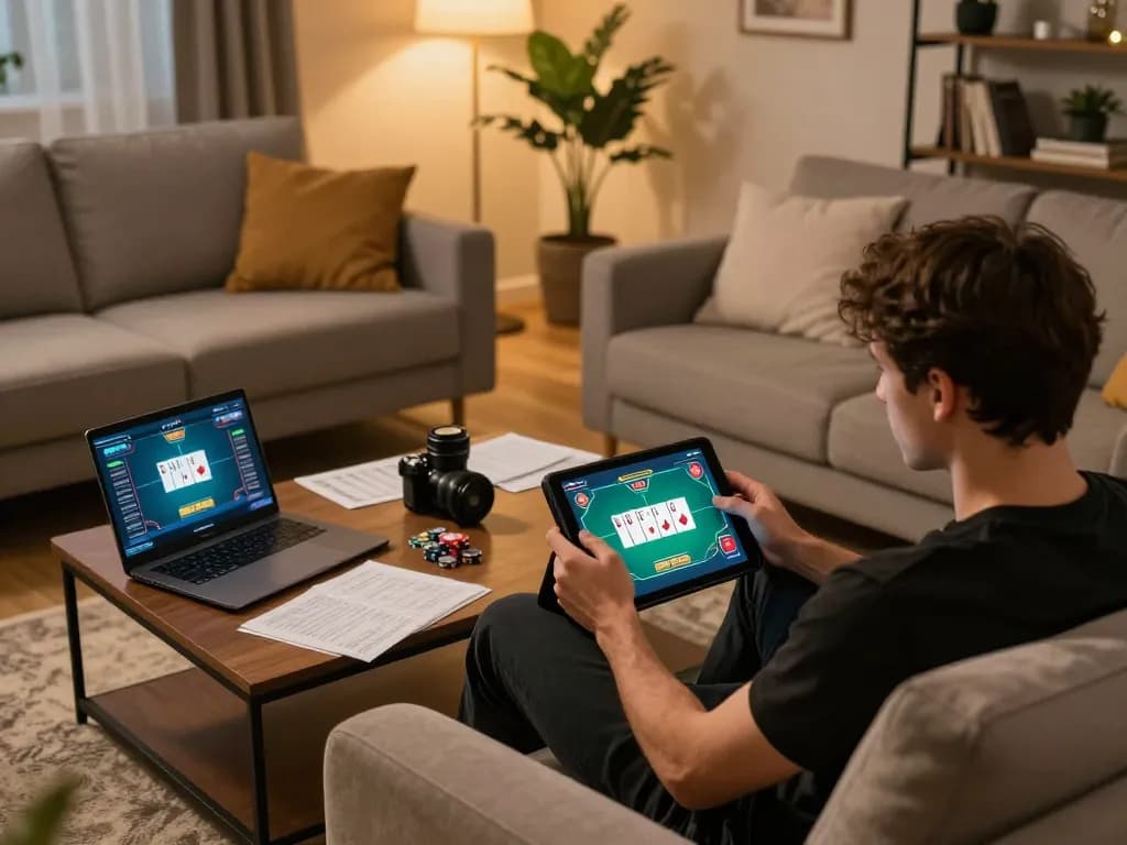C168 player engaging in an online poker game on tablet in a cozy living room setting.