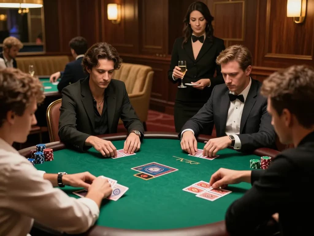 F168BET players engaged in a high-stakes poker game at an upscale venue, showcasing focused gameplay.