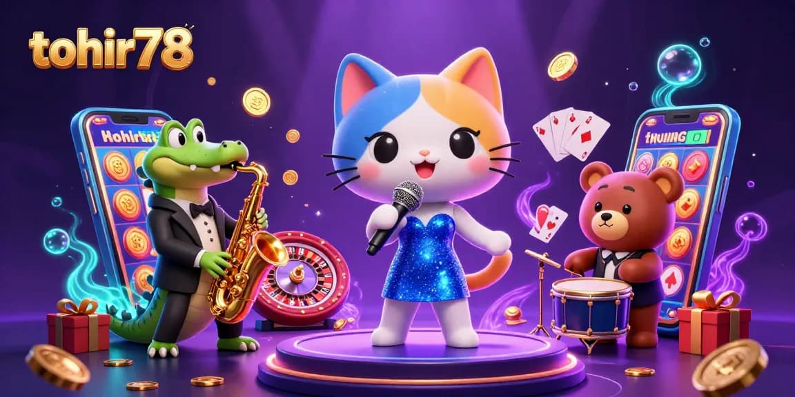 Menangkan permainan slot dengan tohir78, karakter lucu di kasino menari sambil bermain tanpa henti.