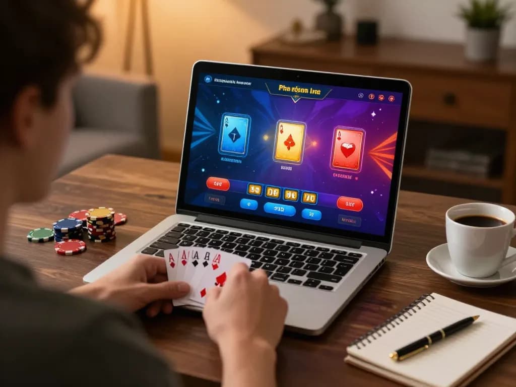 Engaging online poker gameplay scene showcasing trang chu lc88 and strategic card analysis in a cozy home environment.