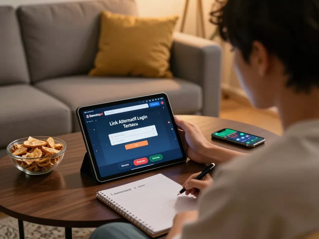 Dewatogel Link Alternatif Login Terbaru displayed on a tablet showing online betting strategies and casino options.