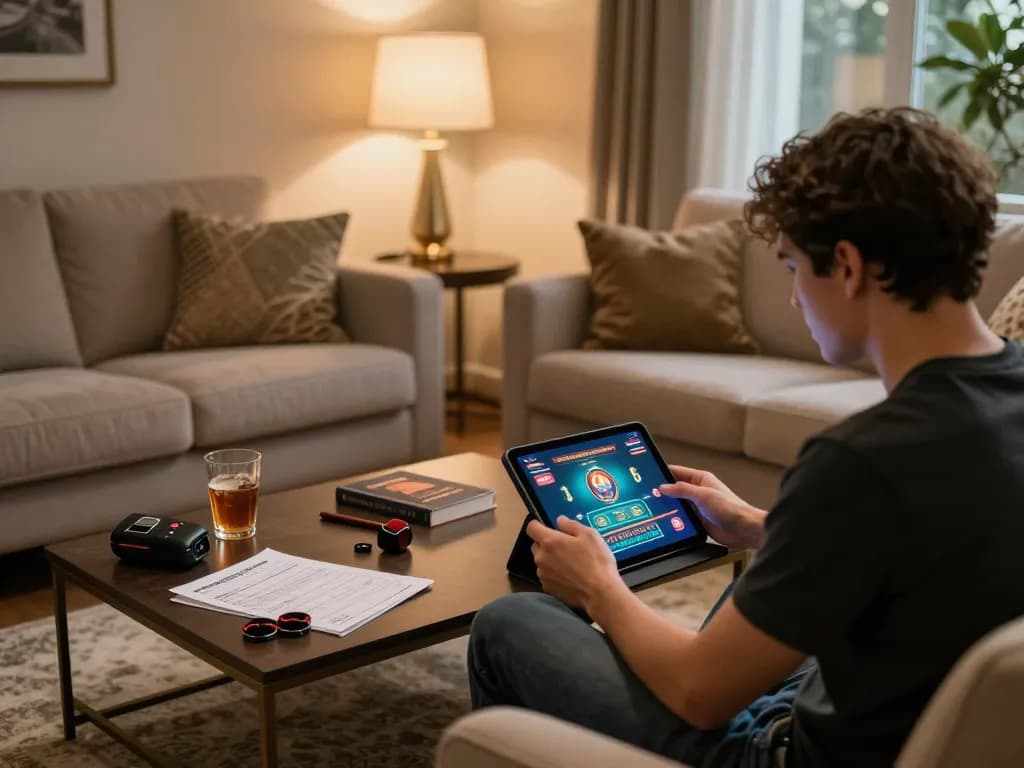 Engaged player using god55 on tablet in cozy home setting with strategy notes.