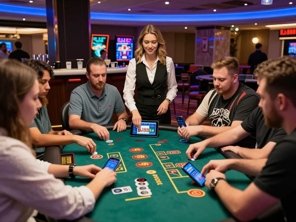 Engaged players enjoying the BJ888 online casino experience in a lively gambling atmosphere.