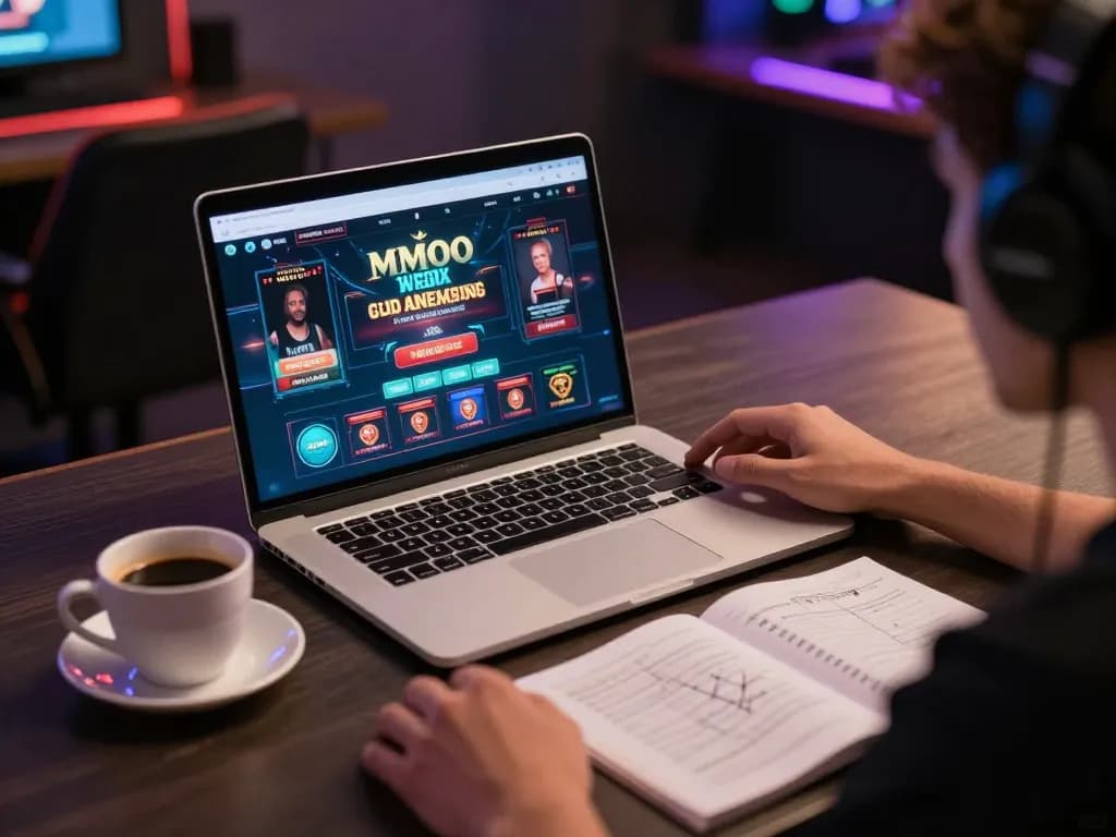Engaging online gaming scene with MMOO interface, cozy setup for strategic gameplay.