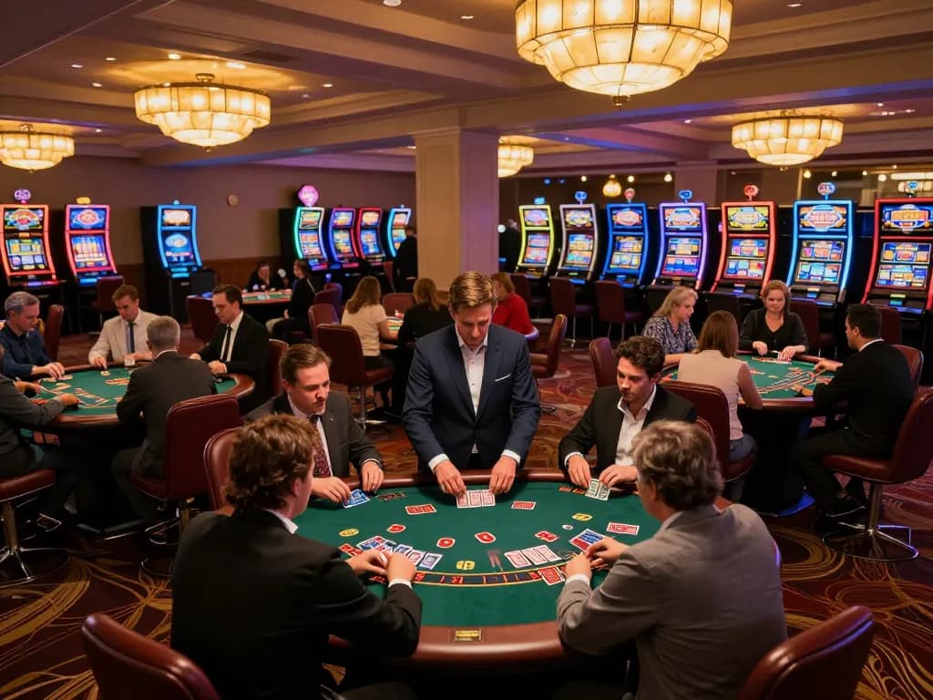 Pemain yang merencanakan strategi di meja blackjack di kasino yang meriah, menangkap esensi kegembiraan permainan KING55