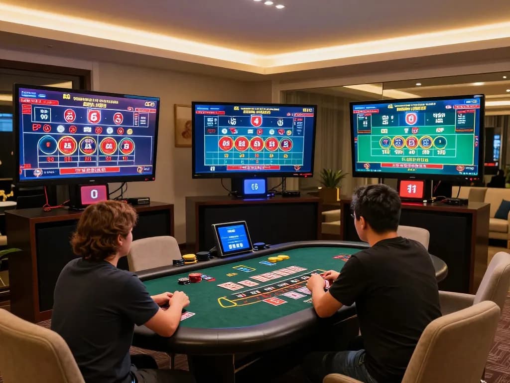 Players strategically engaging with FC88 online casino games in a modern gaming setup.