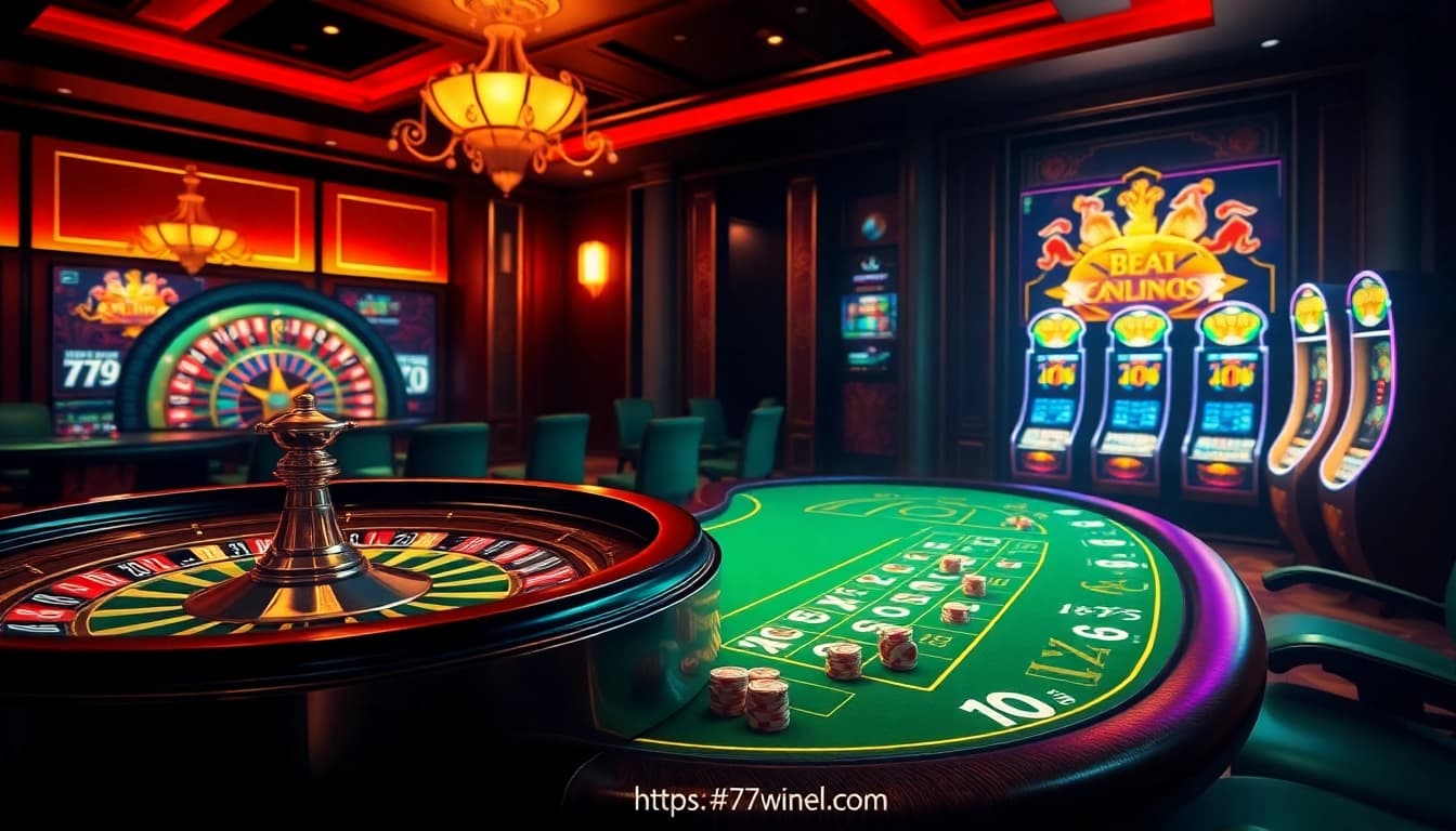 Engaging online gambling scene with luxurious elements from https://78winel.com/, featuring roulette wheel and poker tables.