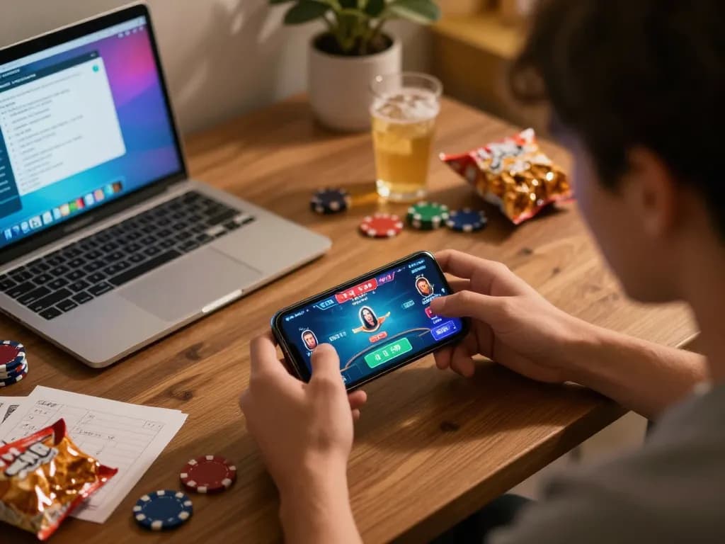 KJC user engaged in mobile poker gameplay, analyzing strategies and enjoying a cozy environment.