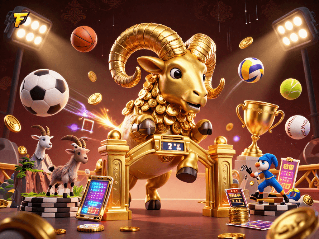 Experience F168's thrilling betting action with dynamic golden ram and sports elements.