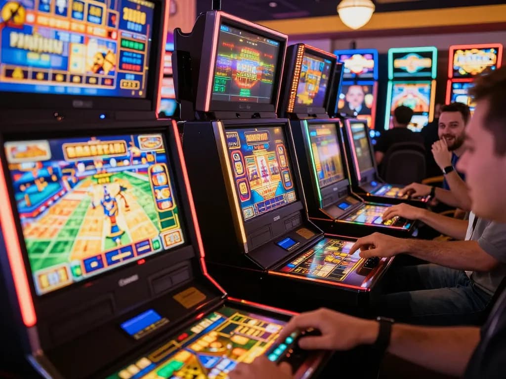Pemain yang terlibat menikmati permainan slot di jus77 dengan warna-warna cerah dan kegembiraan