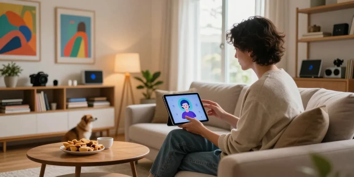 Person interacting with crush on ai in a cozy living room setting, showcasing emotional connection.