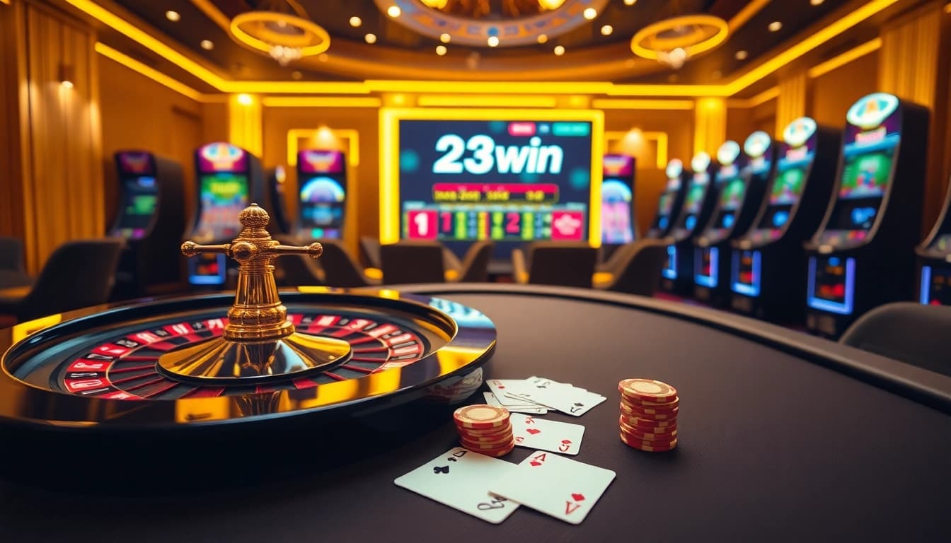 Experience the thrill of 23win with vibrant casino tables, roulette wheels, and online gaming interfaces.