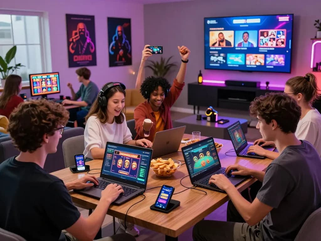 Friends enjoying games on HM88 com platform in a vibrant lounge.