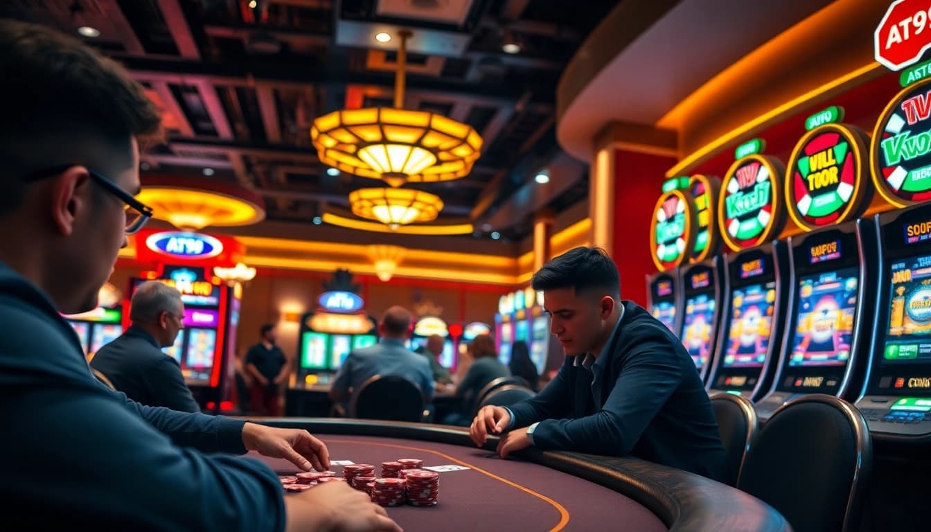 Players energized by games at AT99娛樂 casino with vibrant lights and atmosphere.