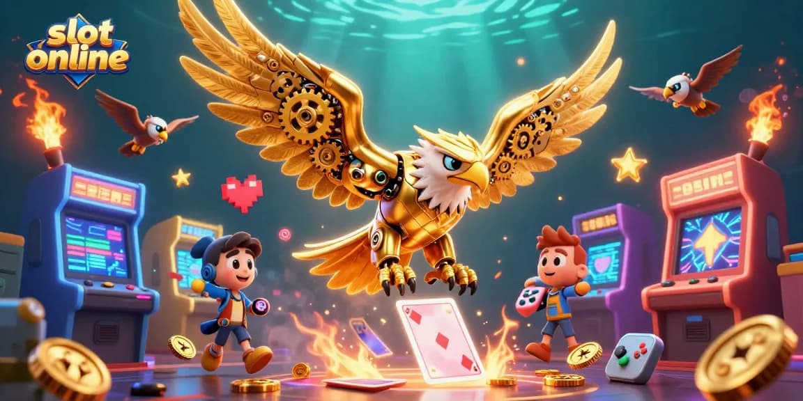 Experience the thrill of slot online with a vibrant scene of golden eagles and arcade machines.