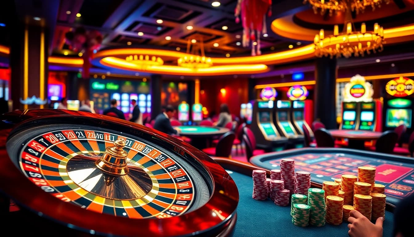 Experience the thrill of new88 at a luxurious casino with roulette and poker tables.