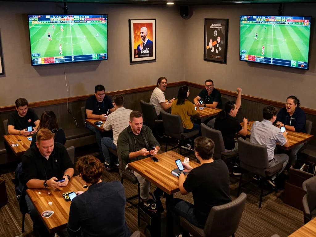 Soi Kèo excitement with fans engaging in sports betting at a modern lounge