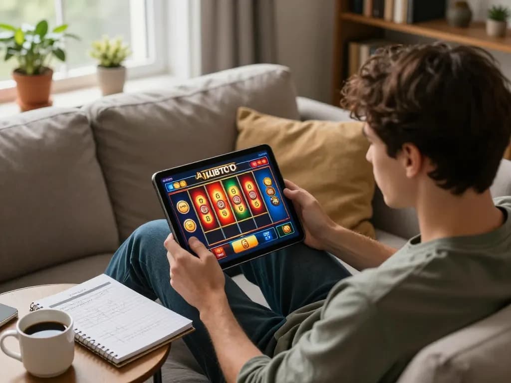 Seorang pemain menikmati permainan slot AJAIBTOTO secara online di rumah yang nyaman, berfokus pada strategi.