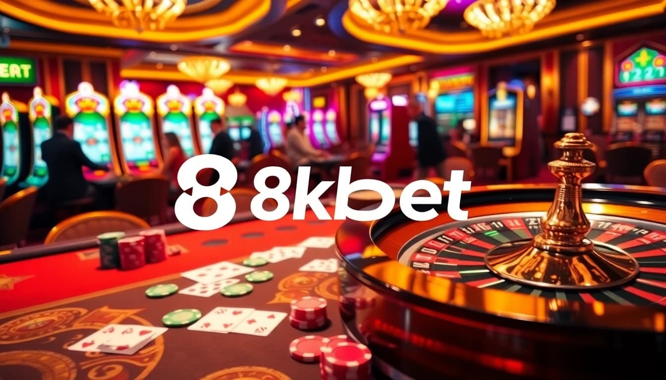 Experience the excitement of 8kbet with vibrant casino gaming elements like poker chips and roulette.