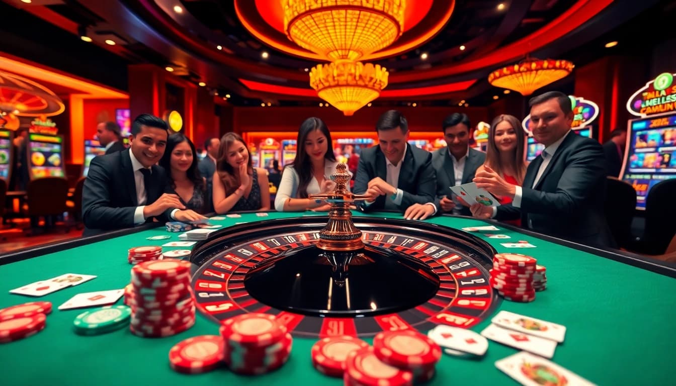 Exciting gaming action at Nhà cái RR99 with vibrant casino tables and players engaged in thrilling bets.