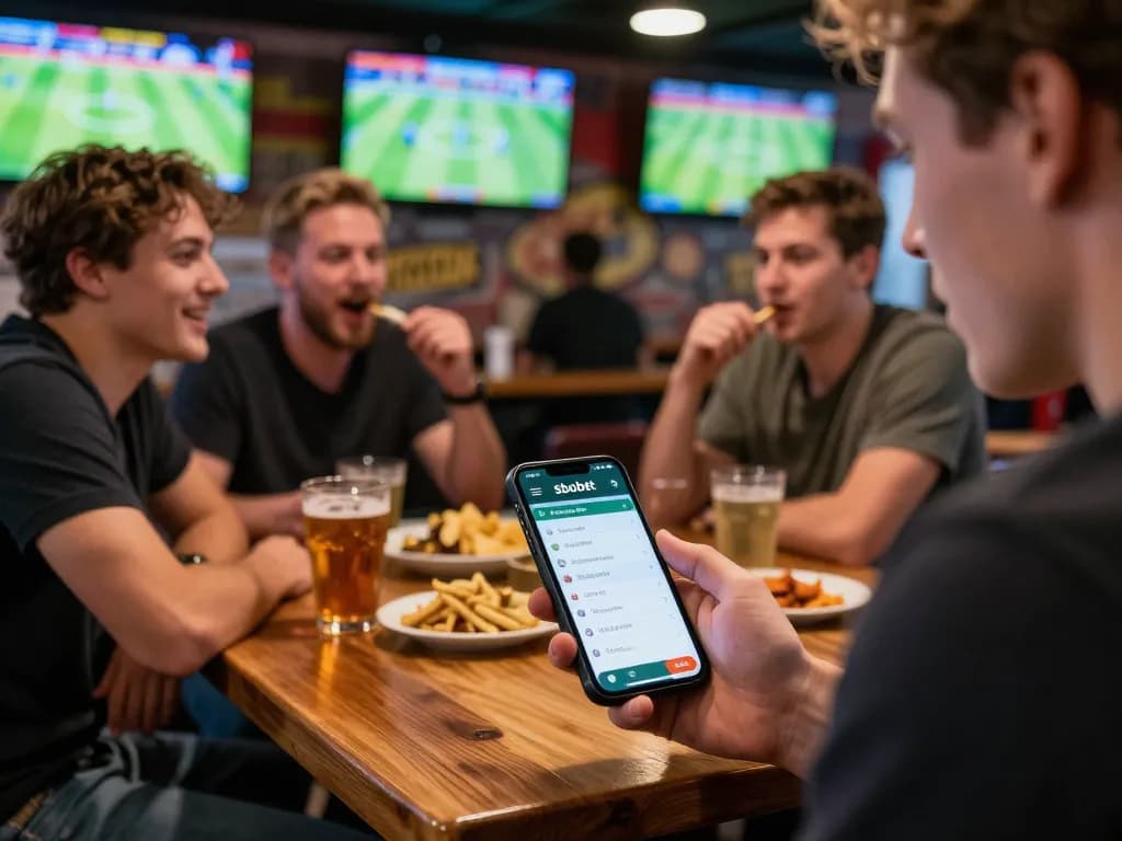 Sbobet user placing bets on a smartphone while friends cheer at a sports bar.