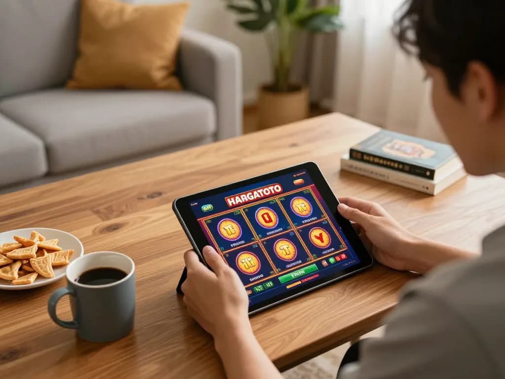 Sesi login HARGATOTO yang menampilkan permainan slot online yang menarik dari pengaturan rumah yang nyaman.