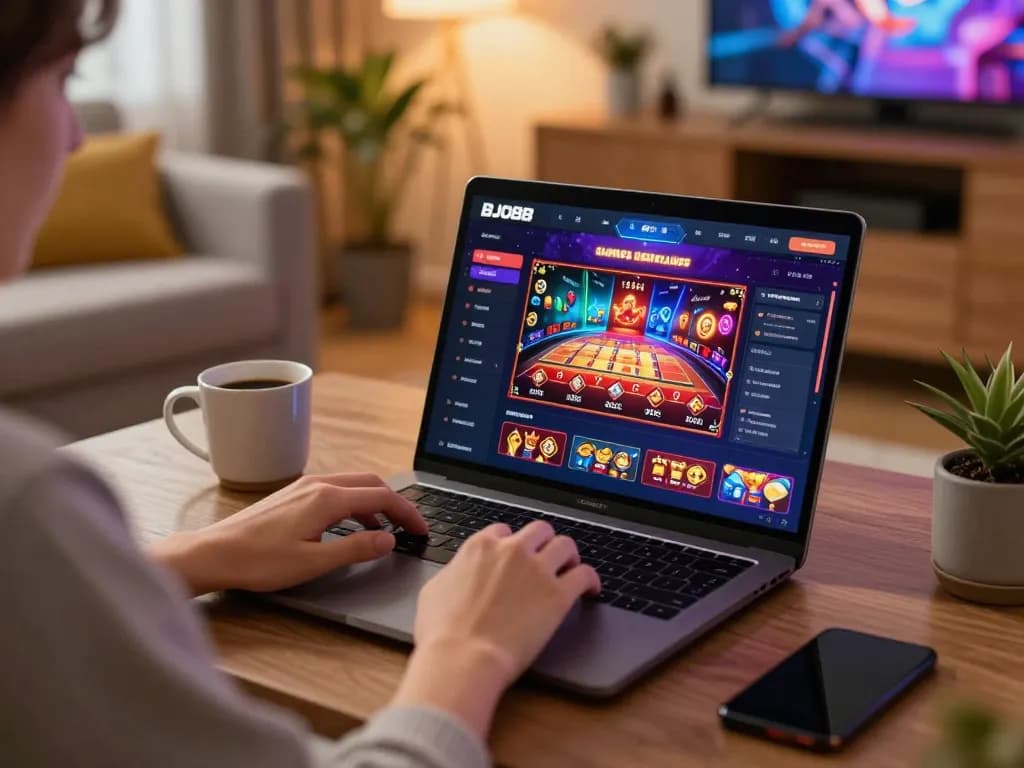 Berinteraksi dengan permainan online BJO88 di laptop dalam lingkungan rumah yang nyaman.