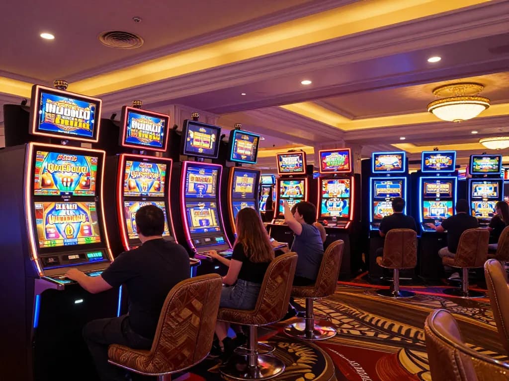Engaging scene of players at vibrant slot online machines celebrating wins in a lively casino atmosphere