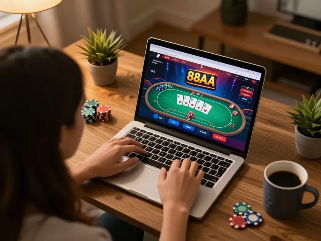 Engaging user logging into 88aa đăng nhập through laptop to access online casino, showcasing a vibrant gambling experience.