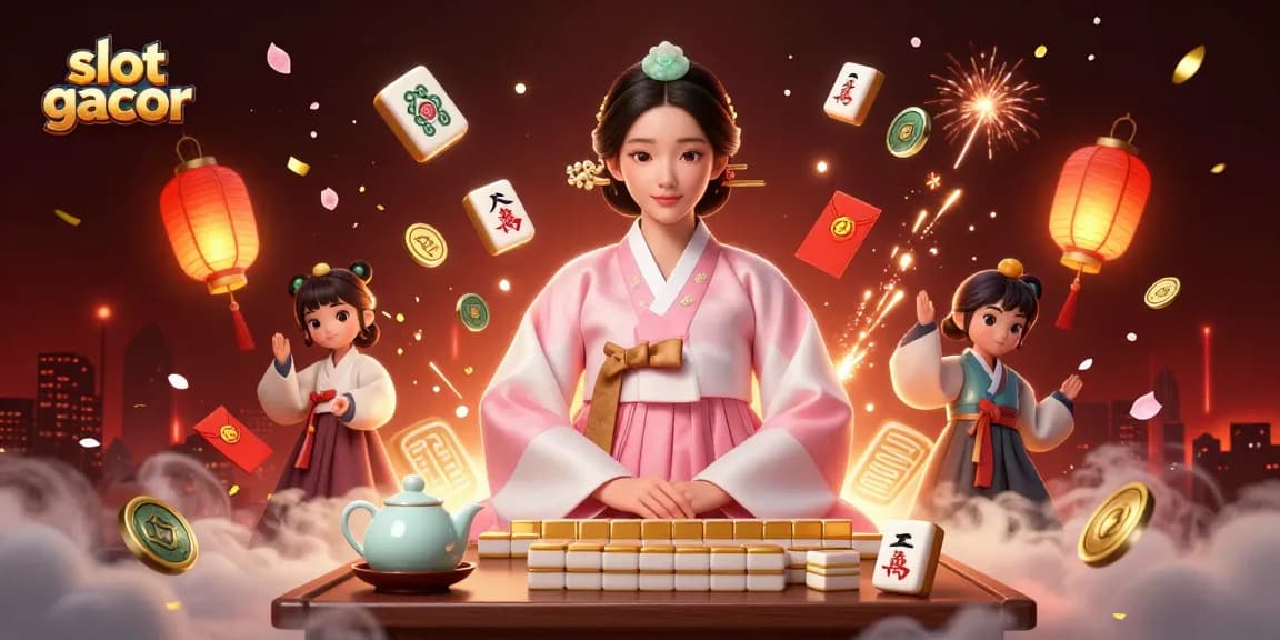Experience the excitement of slot gacor in this vibrant illustration of a serene woman and mahjong tiles.