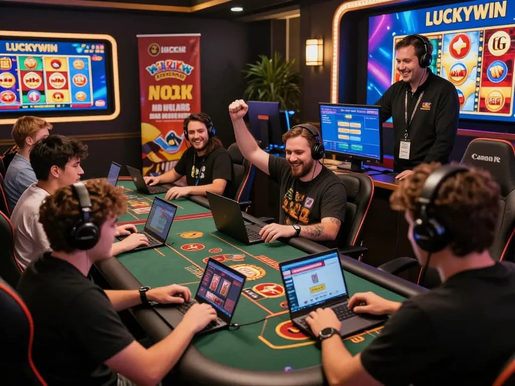 Engaged players enjoying online gaming at https://luckywin.free/ with vibrant graphics and a lively atmosphere.