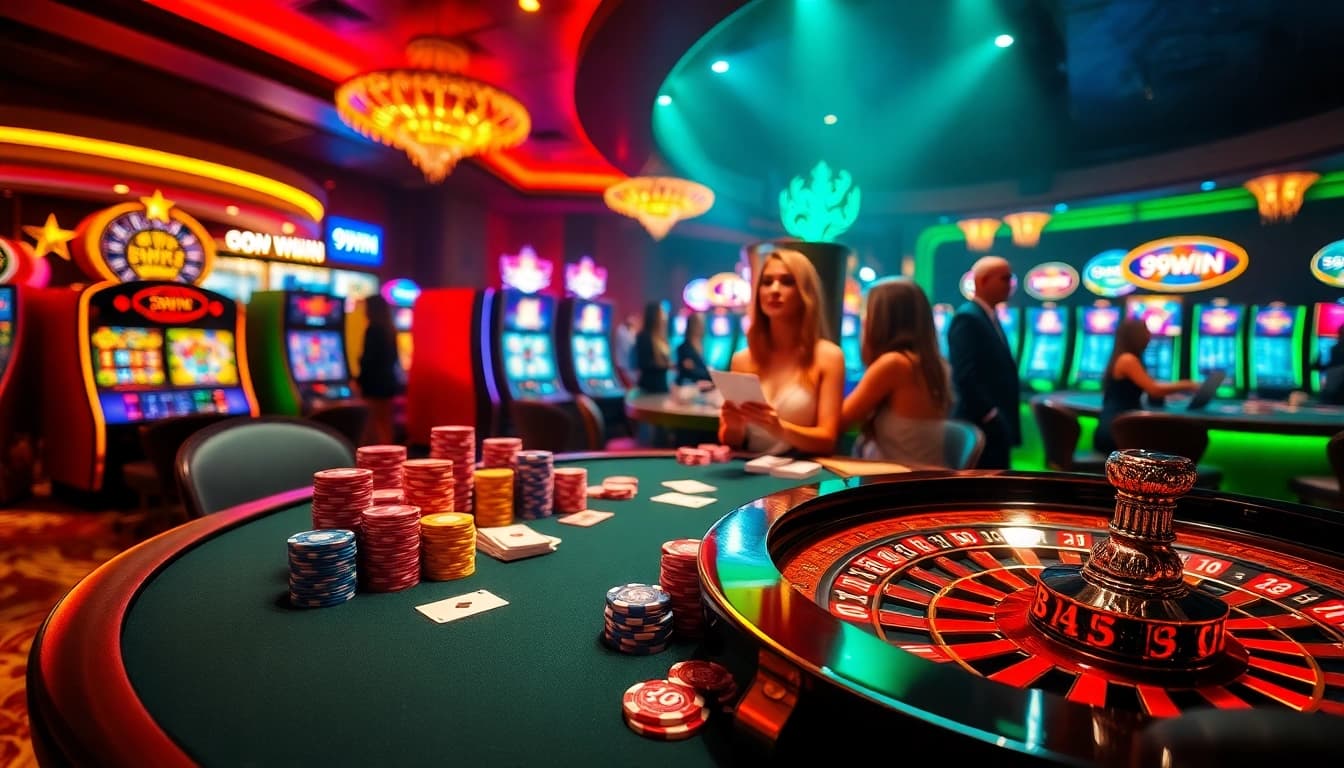 Experience the thrill of winning at 99WIN in this vibrant casino scene with poker tables and exciting games.