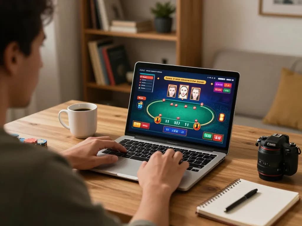 Pemain yang terlibat dalam poker online di rumah dengan kiu77, menampilkan tampilan laptop dan catatan strategis.