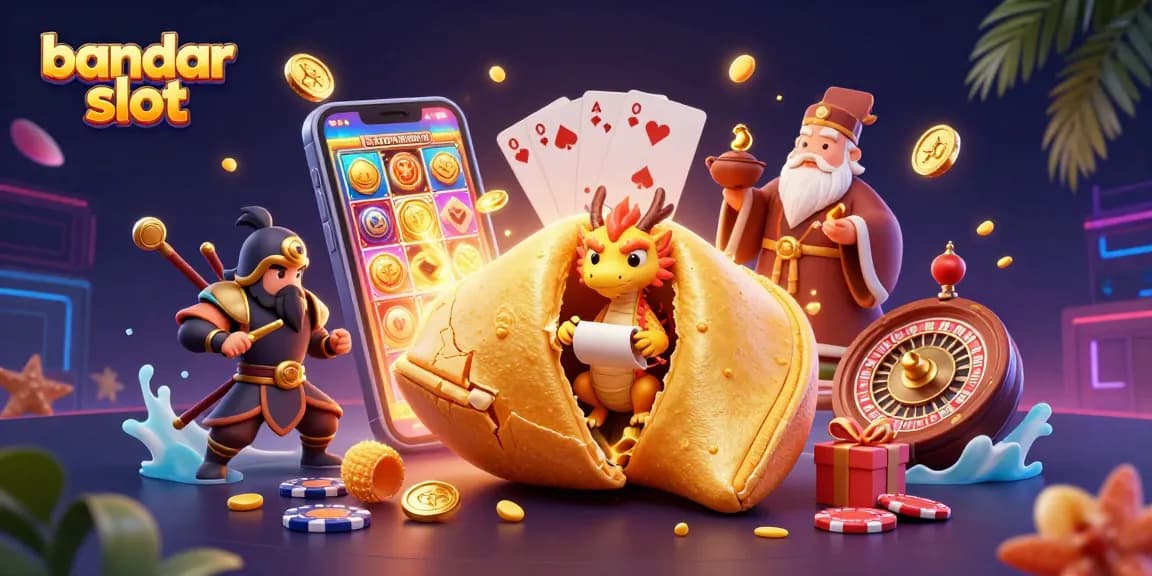 Engage with bandar slot through a vibrant 3D scene featuring a fortune cookie, wise dragon, and dynamic slot game.