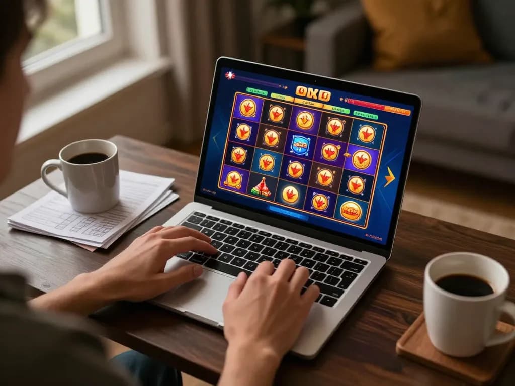 Engaged player exploring non uk casino options on a laptop for strategic gameplay.