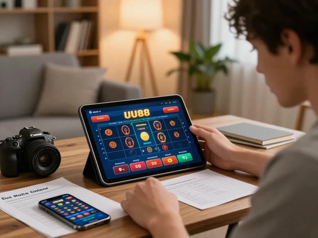 Player strategizing to win at UU88 online casino on tablet in cozy living room