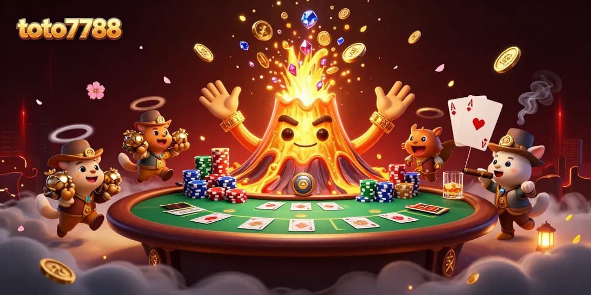 Experience the thrill with toto7788's games as a golden volcano erupts treasures amidst a bustling casino scene.